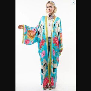 Aratta Women Chic Aqua Floral The Legend Of The Crane Maxi Kimono one size NWT